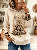 Women's Leopard Christmas Tree Drawstring Fleece Hoodie