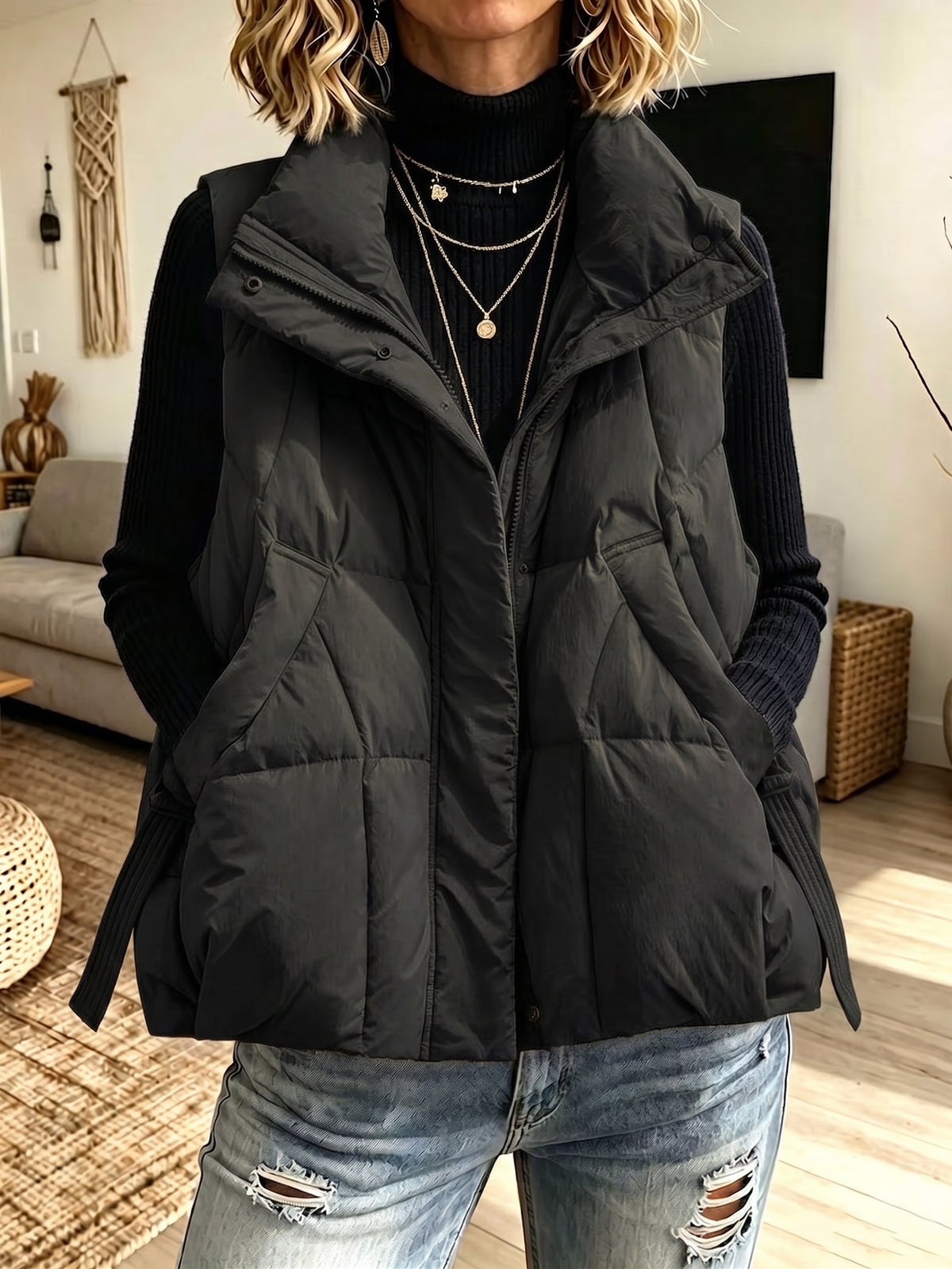 Women Stand Collar Quilted Puffer Vest With Side Drawstring & Pockets