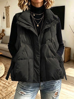 Women Stand Collar Quilted Puffer Vest With Side Drawstring & Pockets