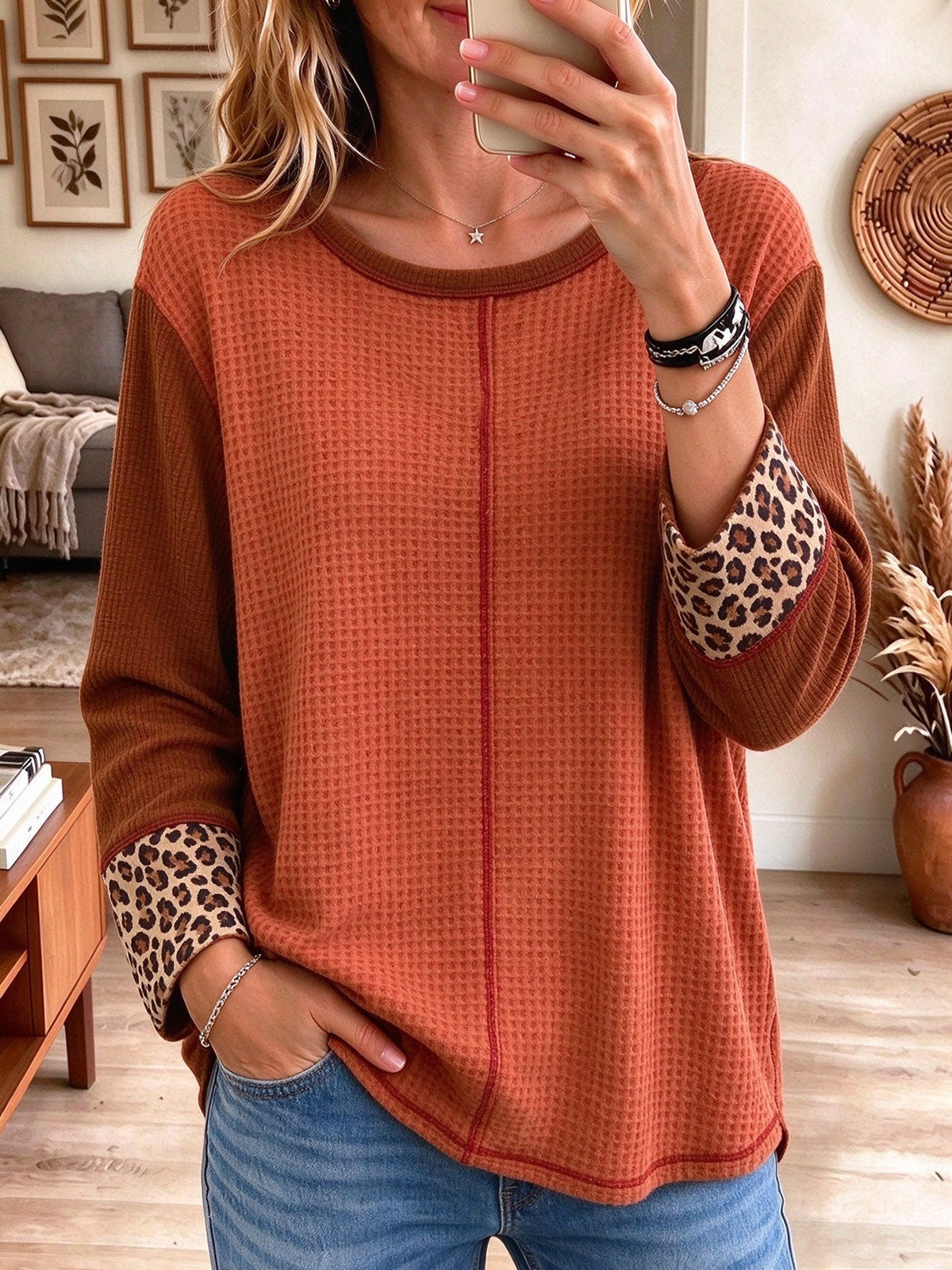 Women's Rust Orange Waffle Knit Top with Leopard Print Cuffs