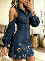 Women's Grommet Detail Cold-Shoulder Denim Dress