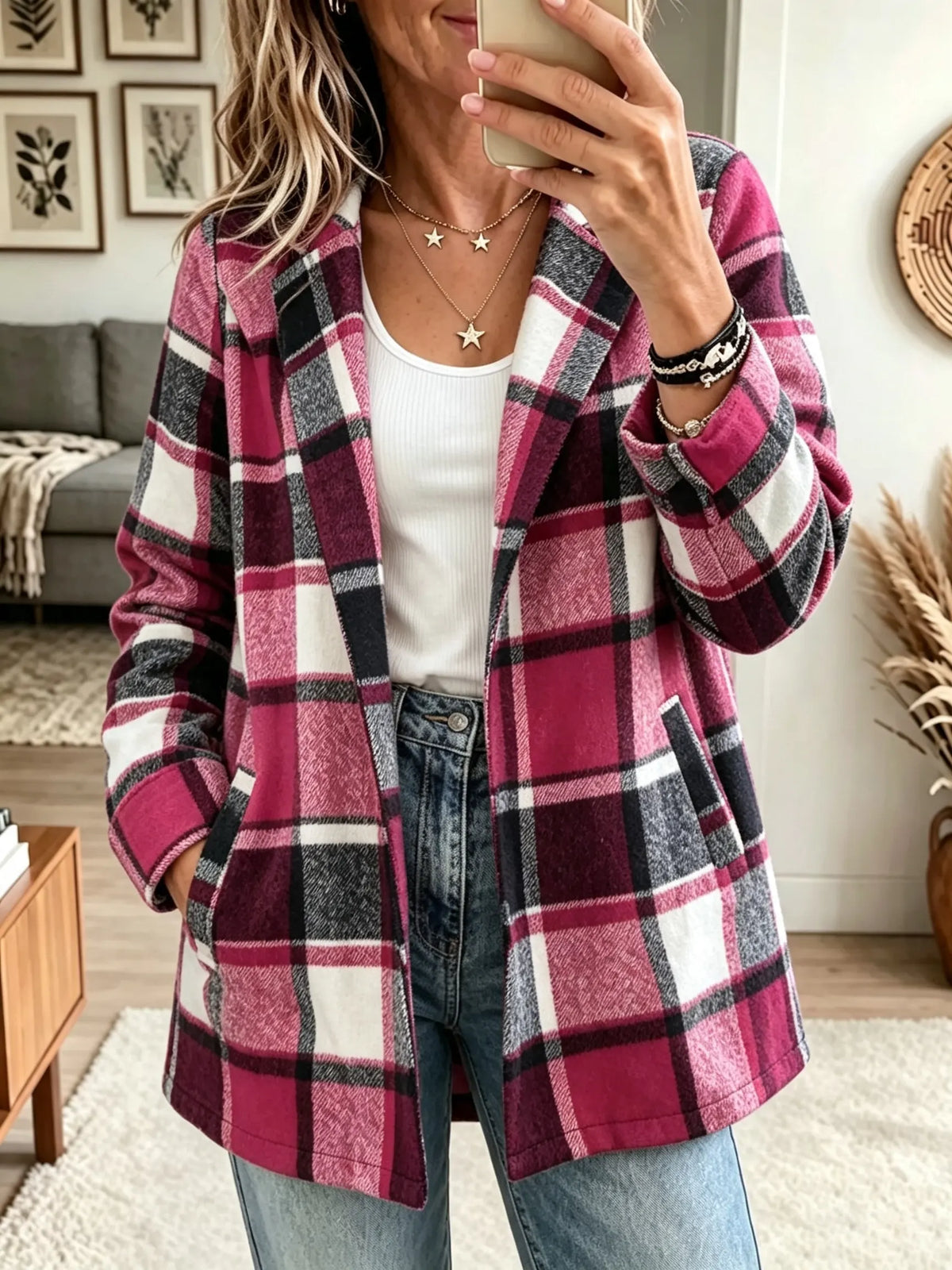 Women's Plaid Print Open-Front Cardigan Coat