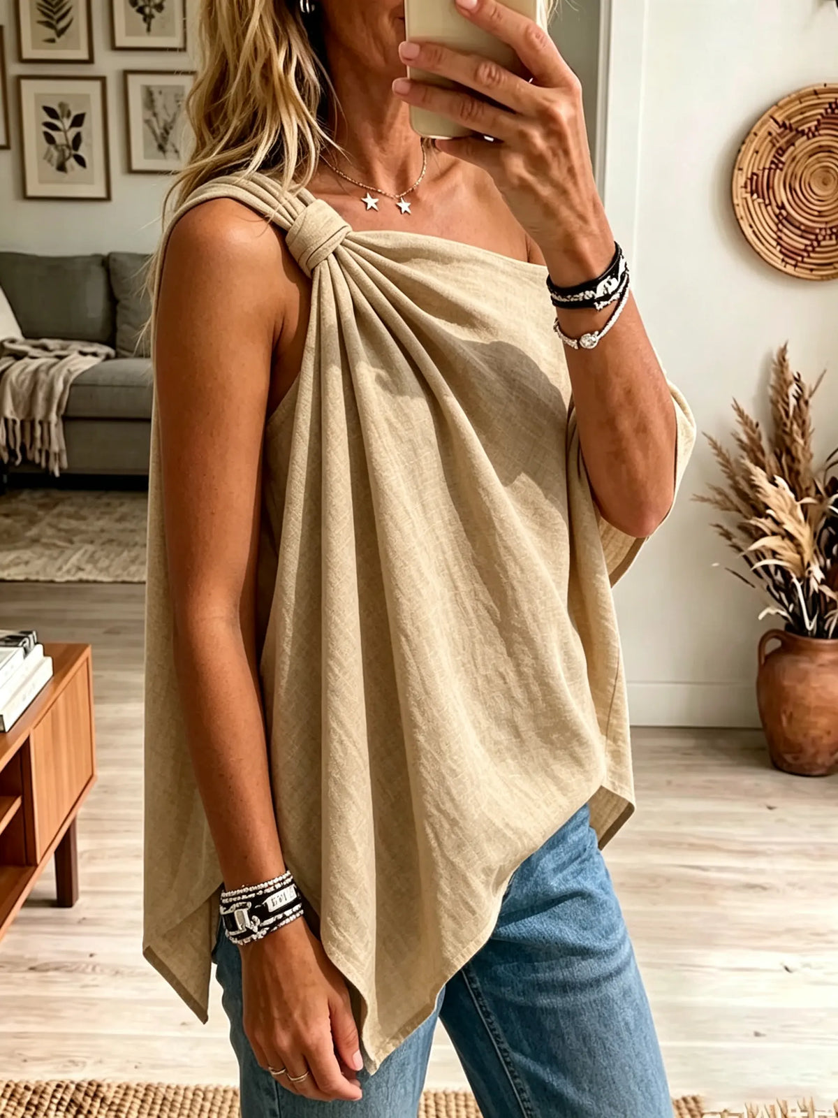 Women's One-Shoulder Knotted Asymmetrical Linen Top
