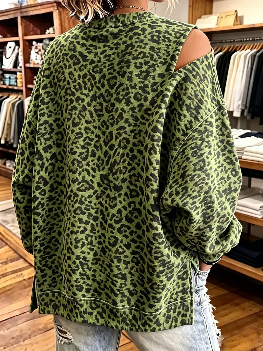 Retro Leopard Pattern Art Print Casual Stylish V Collar Long Sleeve Sweatshirt