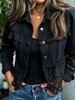 Retro Lace Hollow Patchwork Long Sleeve Casual Lapel Stylish Denim Jacket