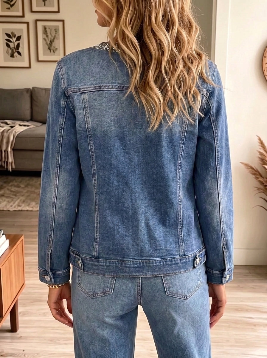 Women Rhinestone Embellished Collarless Denim Jacket Long Sleeve Casual Outerwear With Pockets