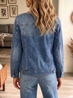 Women Rhinestone Embellished Collarless Denim Jacket Long Sleeve Casual Outerwear With Pockets