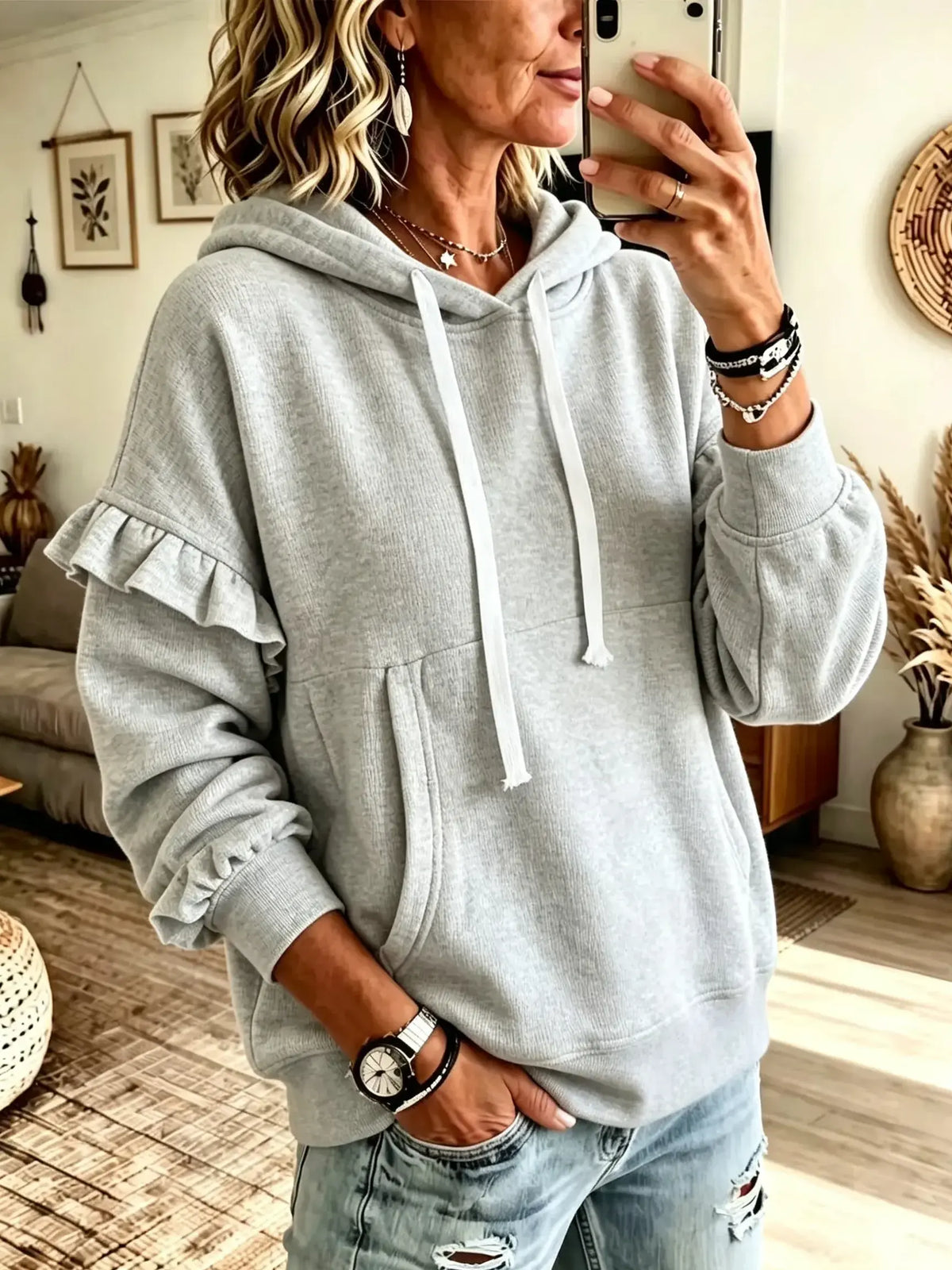Women's Ruffle Sleeve Kangaroo Pocket Pullover Hoodie