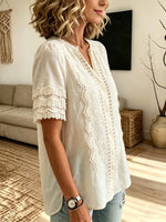Women's Crochet Lace Inset Short Sleeve Blouse
