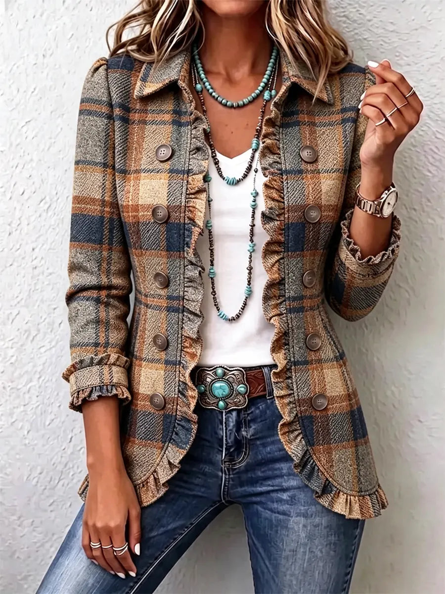 Retro Plaid Pattern Art Print Ruffle Casual Stylish Cotton Lapel Coat