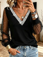 Sequin V‑Neck Mesh Long Sleeve Blouse, Glitter Sheer Puff Sleeve Party Top