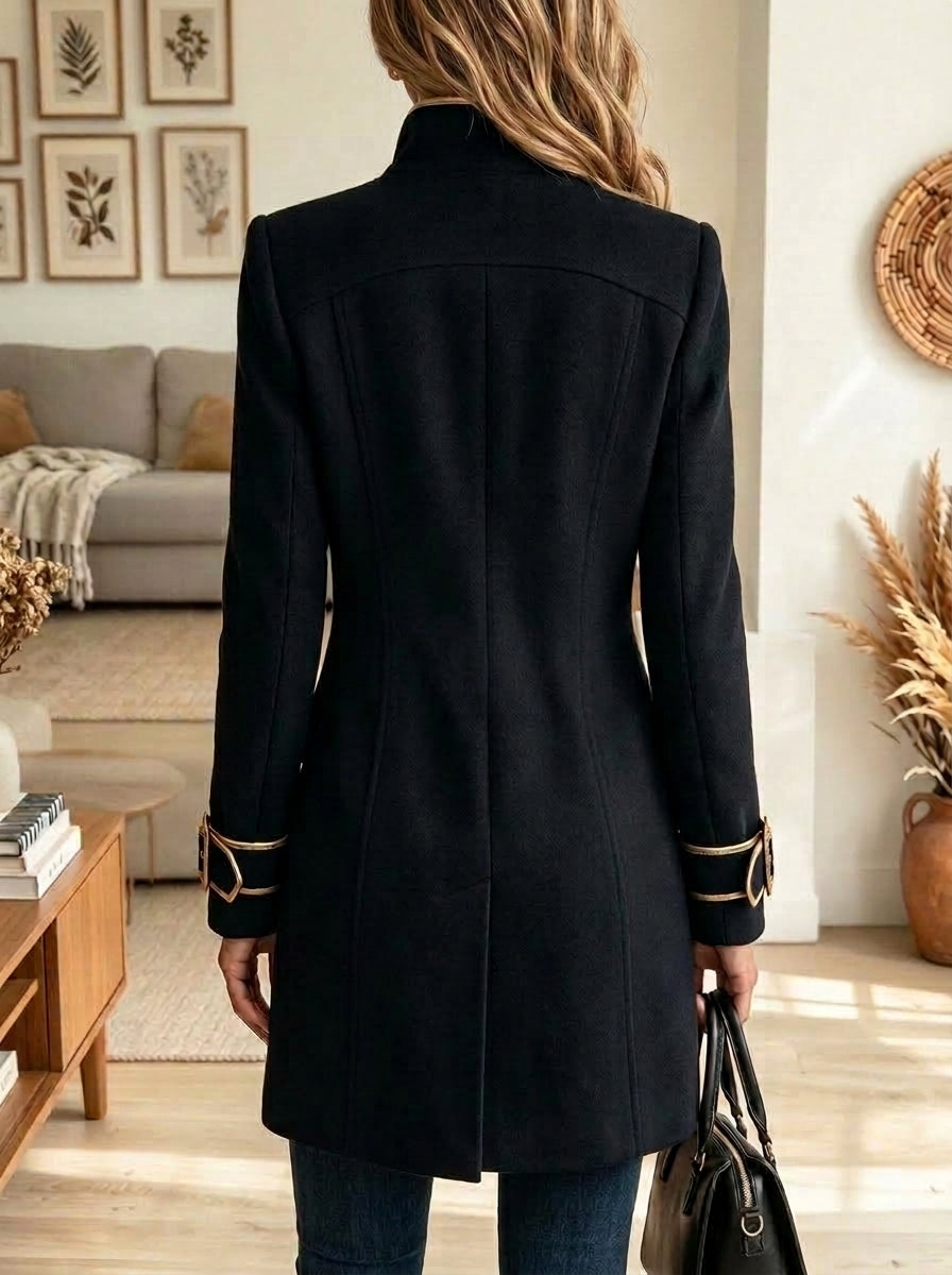 Women's Military Style Long Coat Stand Collar Gold Trim Double Breasted Trench