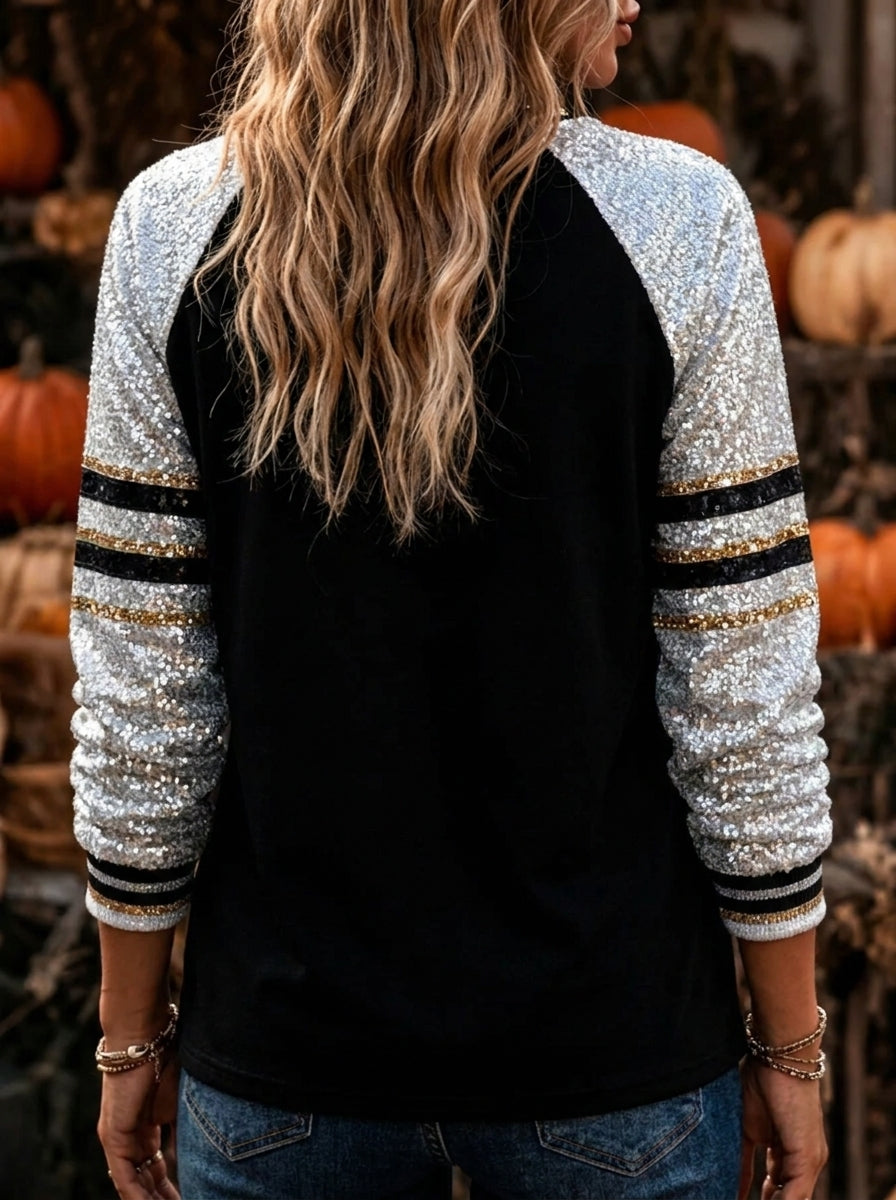 Women's Sequin Sleeve Pumpkin Graphic Print Sweatshirt