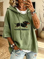 Women Vintage Washed Dachshund Print Short Sleeve Hoodie