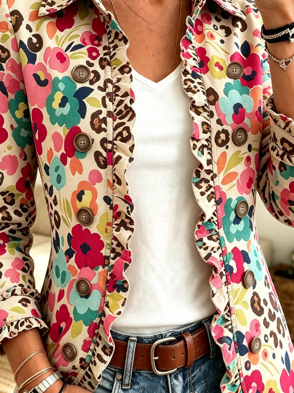 Women's Floral Leopard Ruffle Blazer Jacket