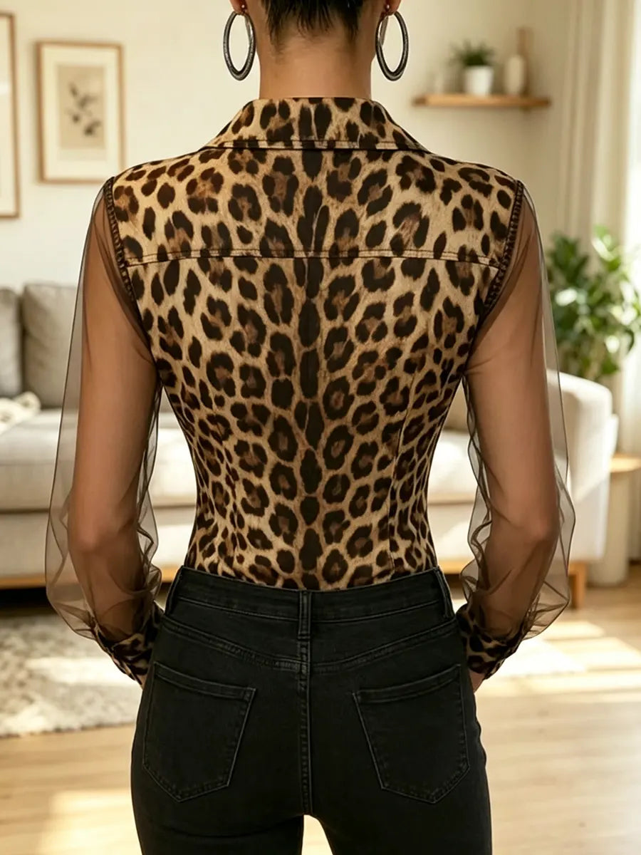 Retro Leopard Art Print Casual Stylish Chiffon Patchwork Long Sleeve Shirt