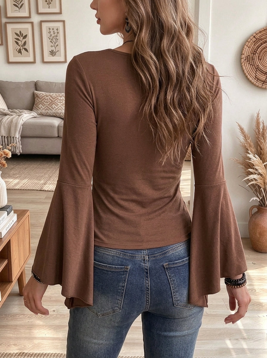 Women's Brown V-neck Long Sleeve Top With Embroidered Center Panel And Bell Sleeves