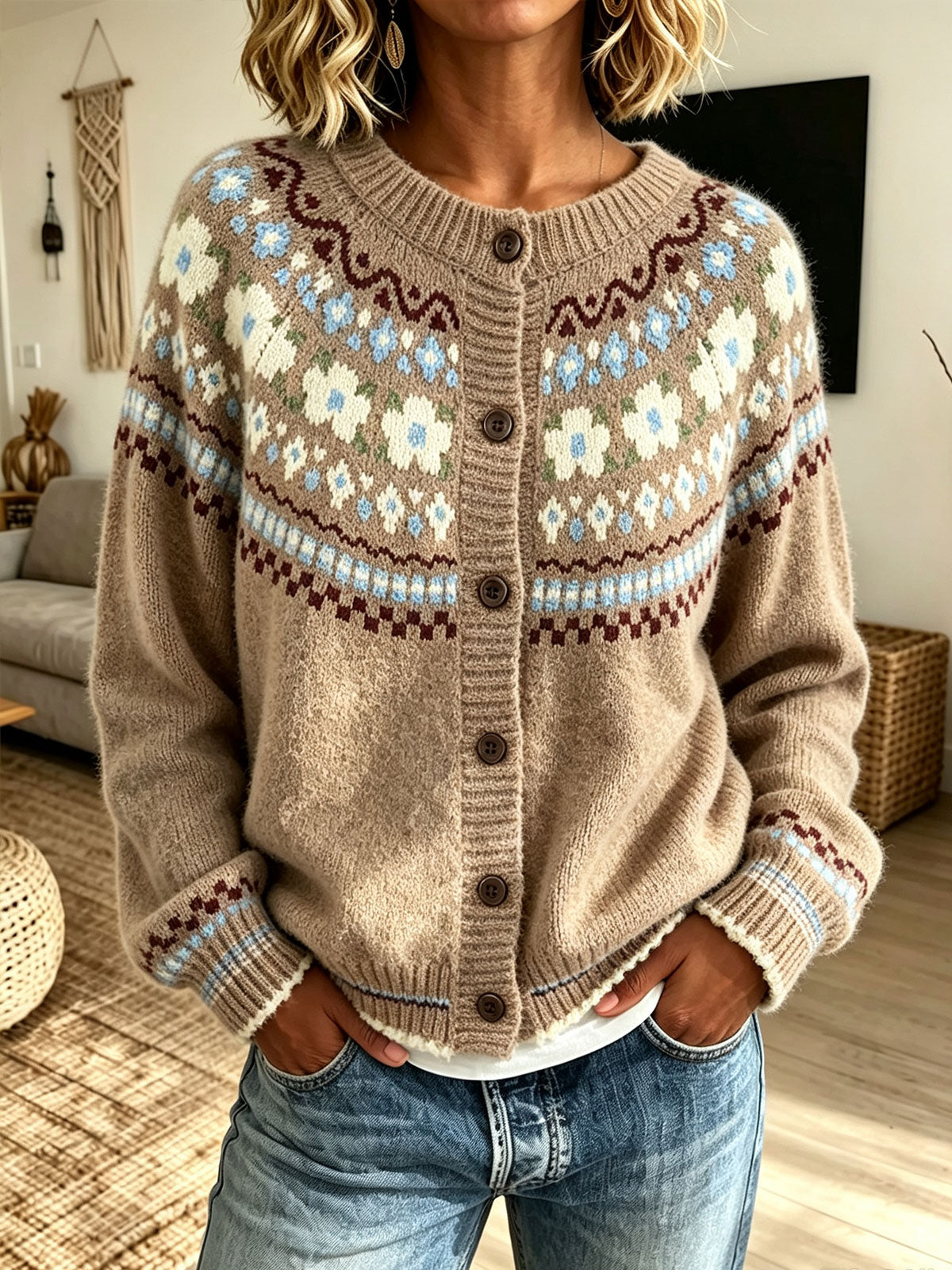Women Fair Isle Floral Jacquard Round Neck Button‑Down Knit Cardigan