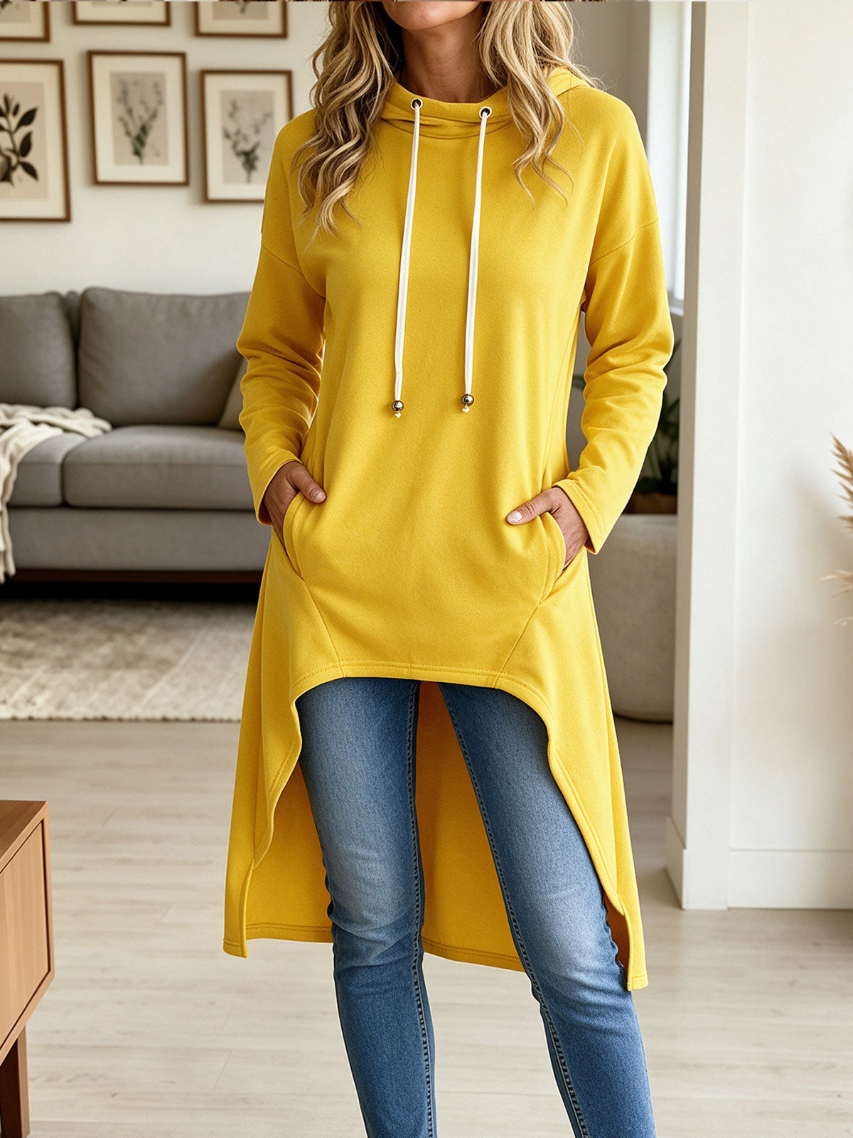 Women Yellow Hooded Drawstring Irregular High Low Long Tunic Sweatshirt