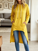 Women Yellow Hooded Drawstring Irregular High Low Long Tunic Sweatshirt