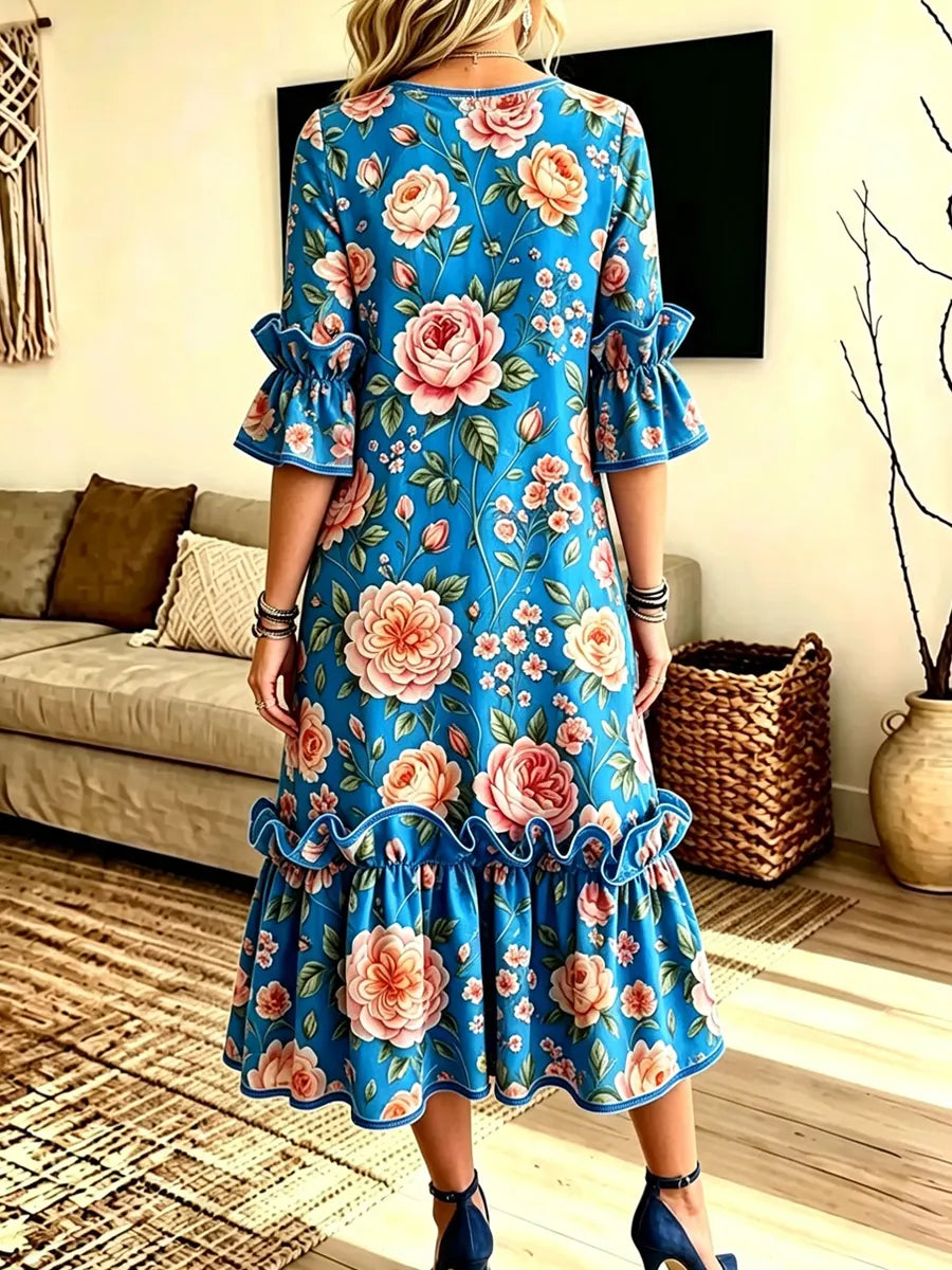 Retro Floral Pattern Art Print Casual Ruffle Stylish Cotton Linen Dress