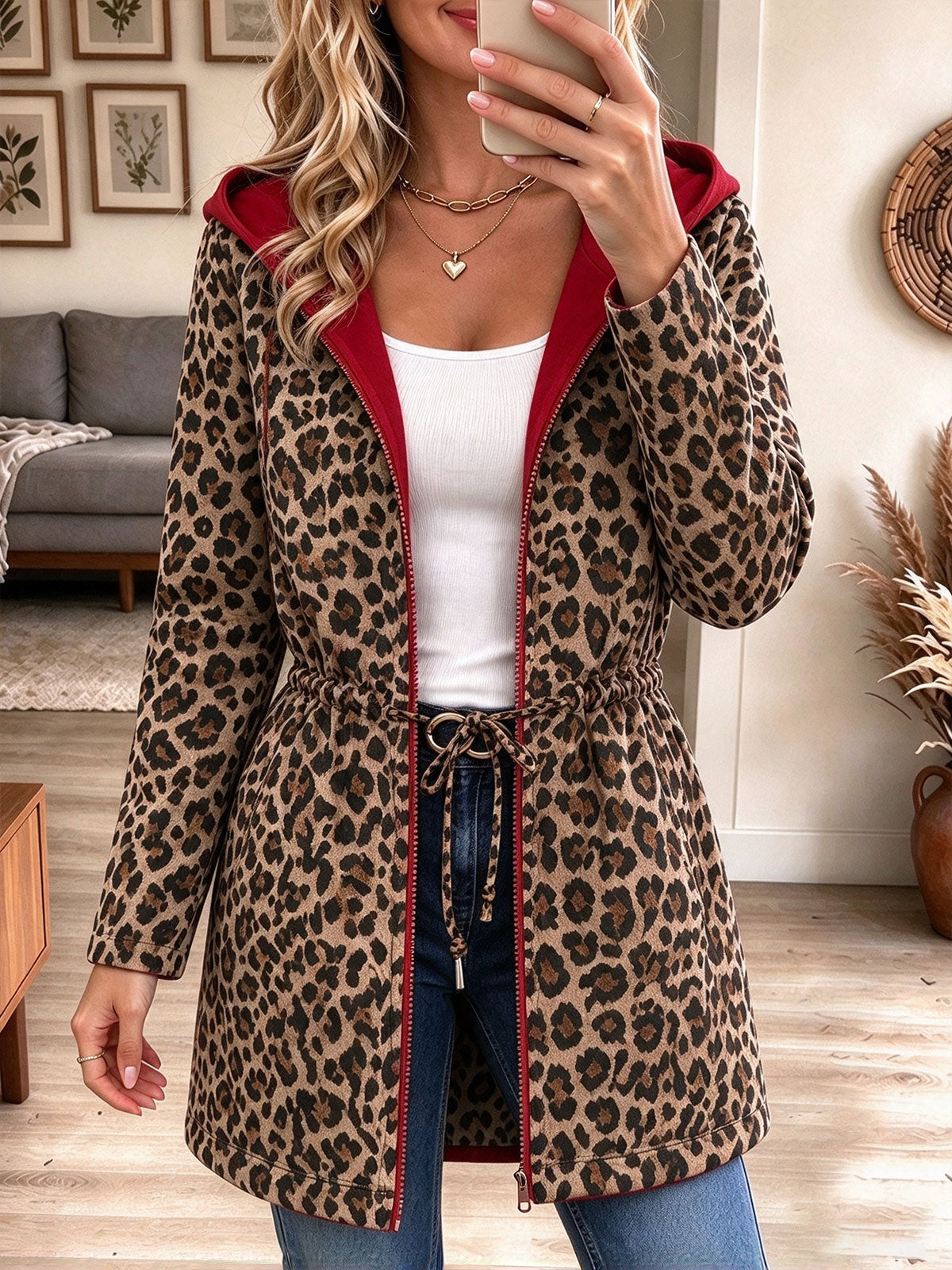 Women's Reversible Red and Leopard Print Long Hooded Zip-Up Jacket