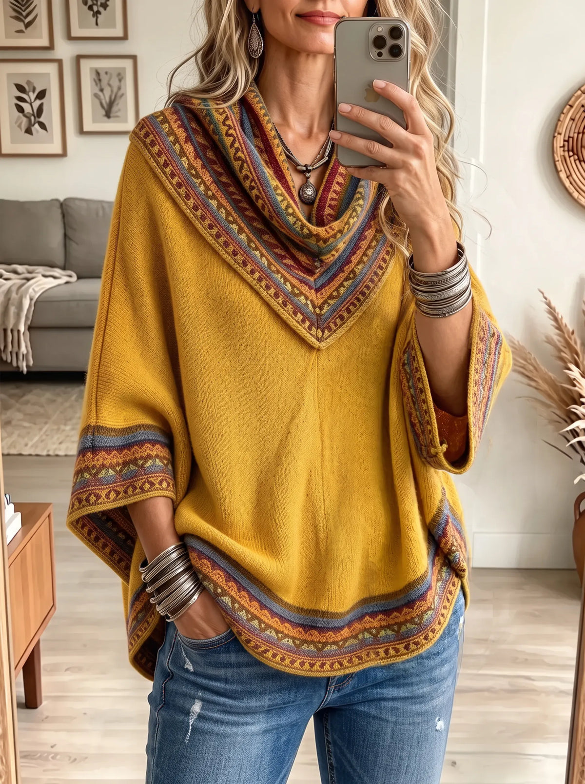 Women's Southwestern Aztec Print Cowl Neck Poncho Sweater - Mustard Yellow Boho Knit Pullover Top