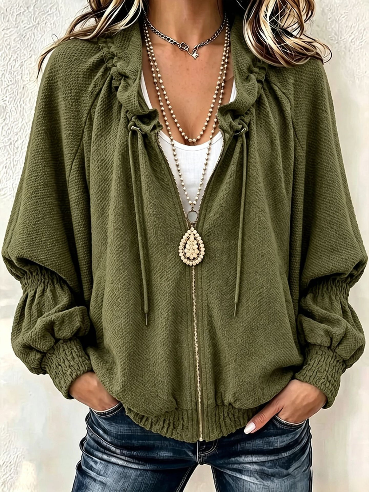 Women Drawstring Ruched Collar Full‑Zip Batwing Sleeve Textured Jacket