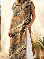 Retro Leopard Patchwork Pattern Art Print Casual Side Slits Stylish Cotton Linen Shirt
