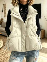 Women Stand Collar Quilted Puffer Vest With Side Drawstring & Pockets