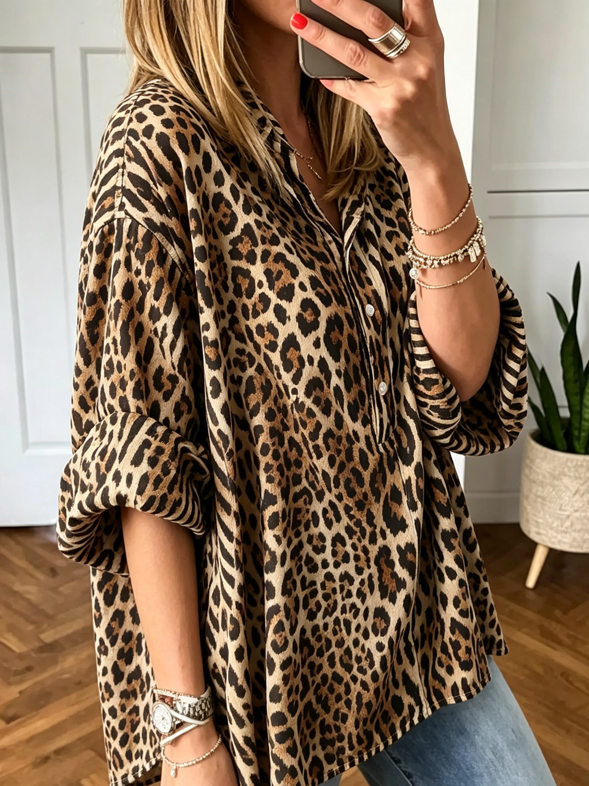 Women's Oversized Leopard Print Henley Shirt
