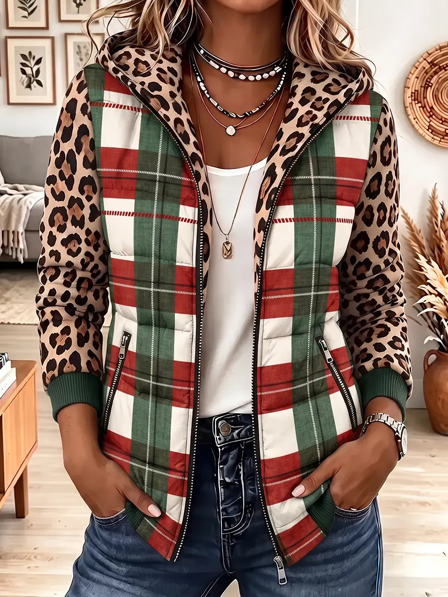 Vintage Elegant Leopard Print Patchwork Quilted Winter Jacket