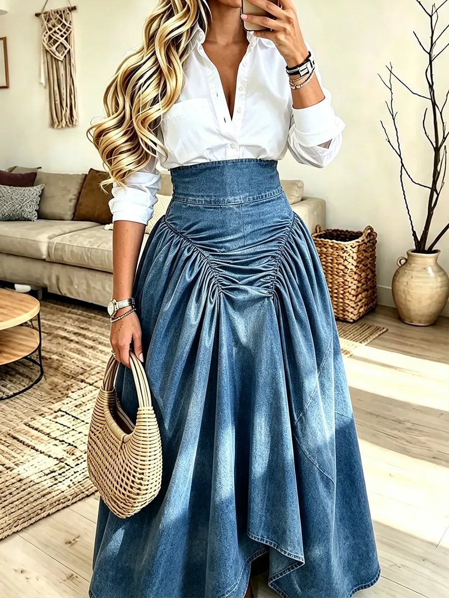 Women's High-waist Pleated Denim Flared Skirt