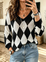 Women V‑Neck Argyle Diamond Pattern Hollow Knit Long‑Sleeve Sweater