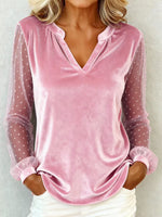 Velvet V‑Neck Blouse, Polka Dot Mesh Puff Long Sleeve Top