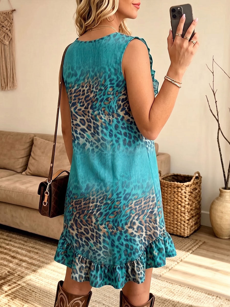 Vintage Elegant Patterned Print Patchwork Trim Ruffle Dress