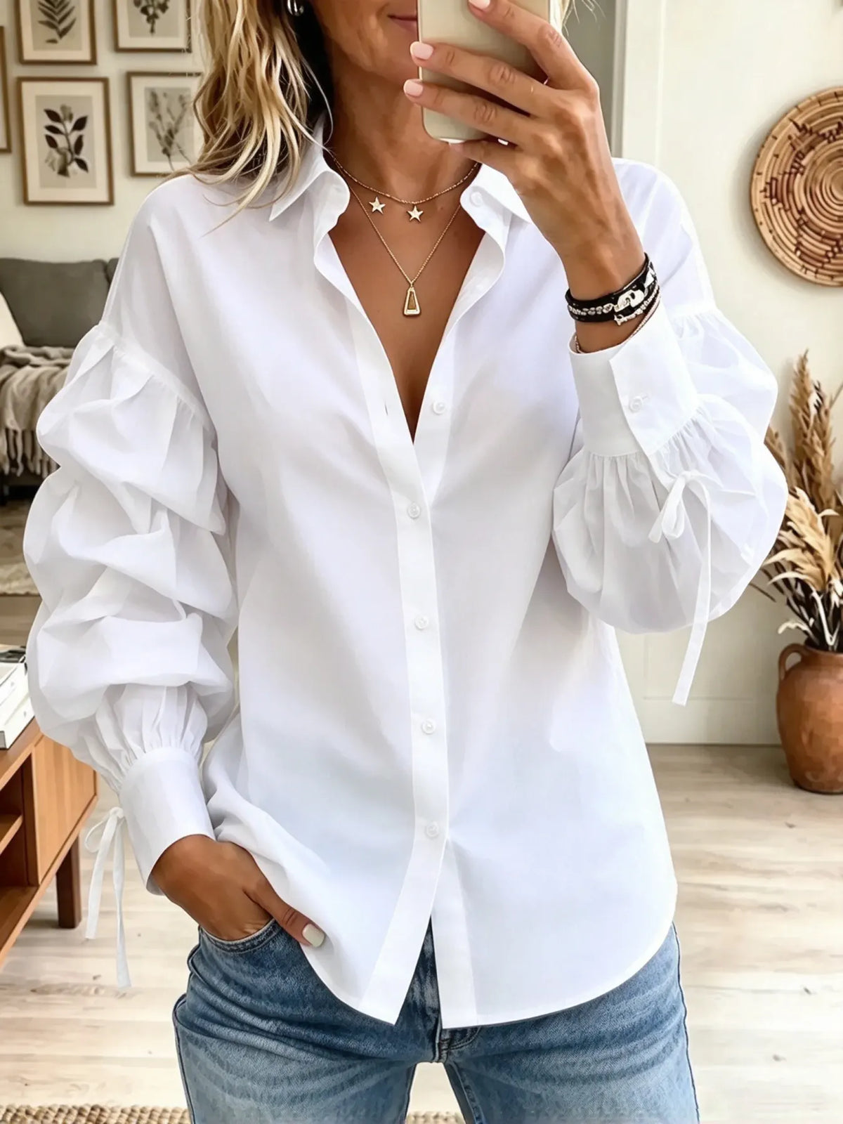 Women's Tiered Ruffle Puff Sleeve Button-Down Blous