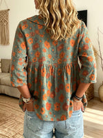 Floral Print Lapel V Neck 3/4 Sleeve Babydoll Linen Blouse