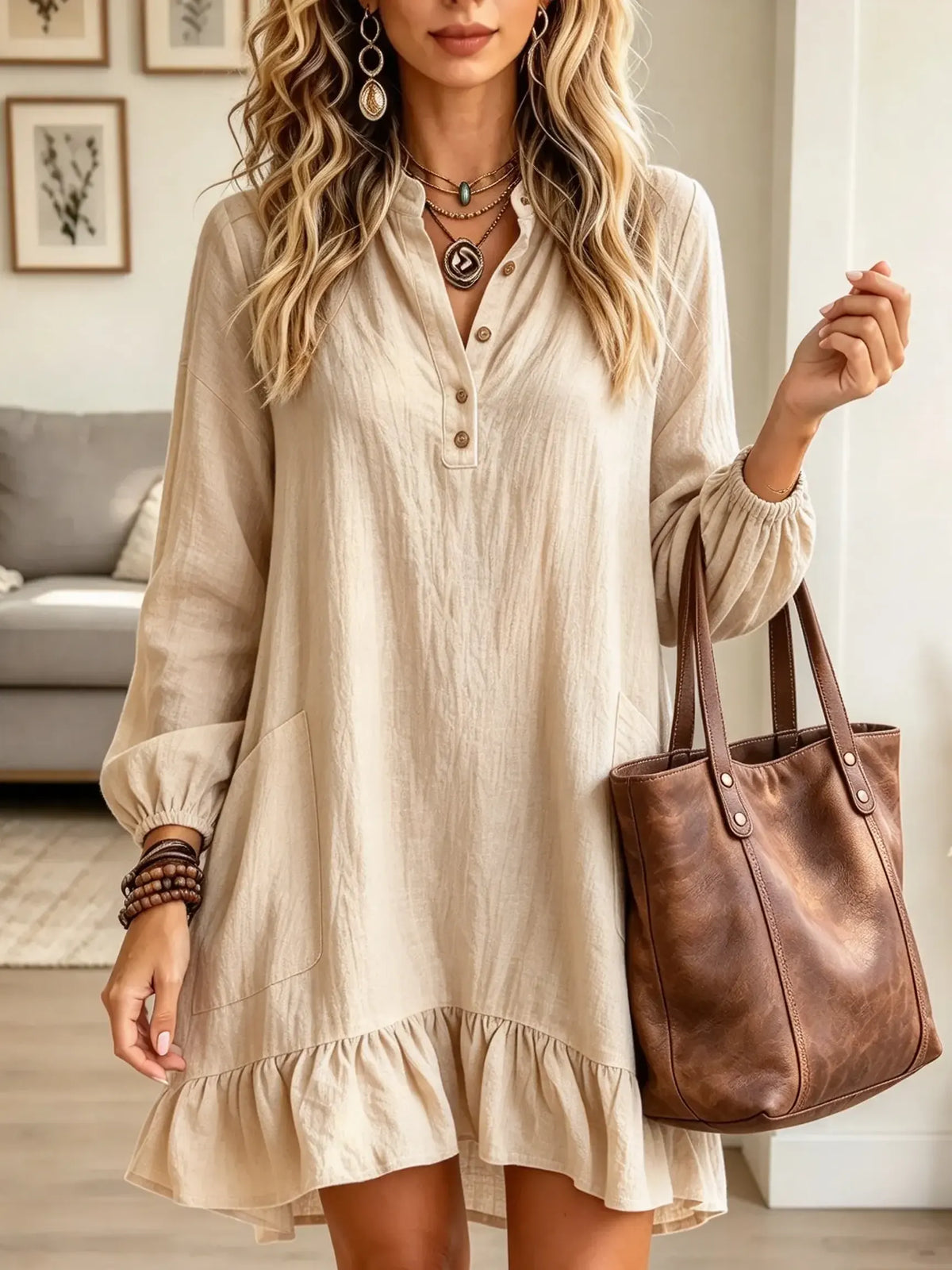 Women's Ruffle Hem Henley Gauze Babydoll Dress