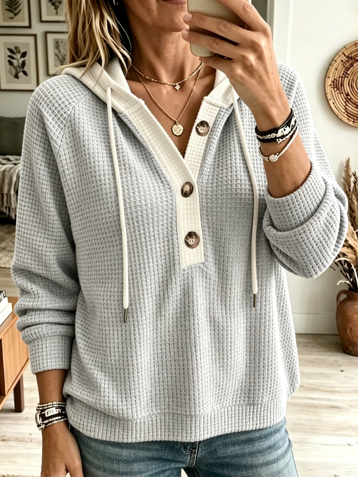 Women's Contrast Trim Waffle Knit Hoodie