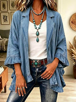 Retro lapel Ruffle Art Casual Stylish 3/4 Sleeve Denim Coat