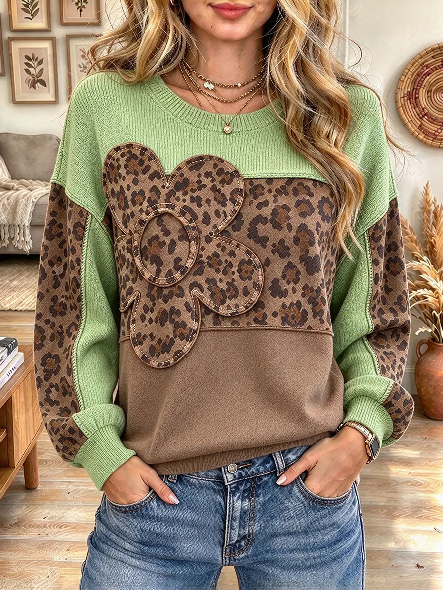 Women's Color-blocked Leopard Print Knitted Crew Neck Sweatshirt