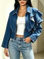 Retro Chic Ruffle Zip Art Casual Stylish Long Sleeve Denim Coat