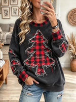 Women's Plaid Tree Distressed Wash Holiday Sweatshirt