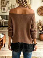 Women's Off-the-Shoulder Contrast Lace Hem Sweater