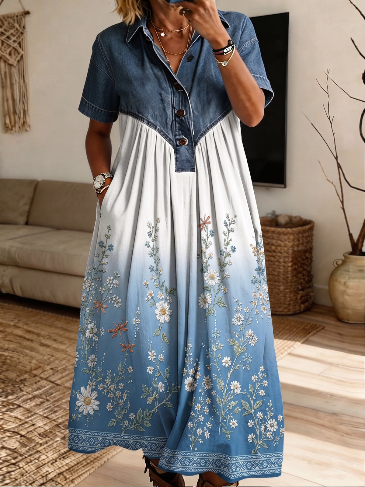Women’s Denim Spliced Gradient Floral Dragonfly Print Loose Midi Dress With Pockets