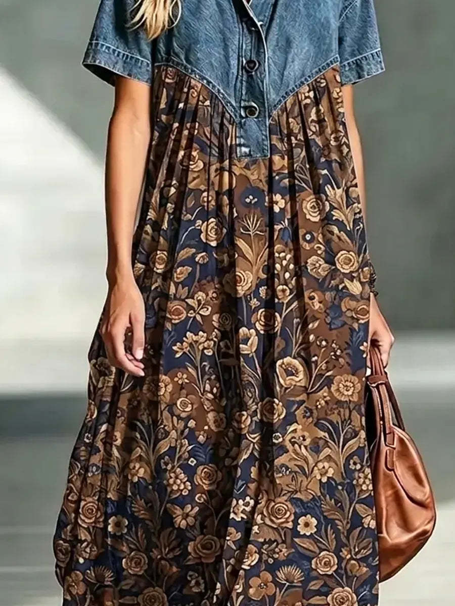 Retro Floral Pattern Art Print Casual Stylish Lapel Denim Patchwork Dress