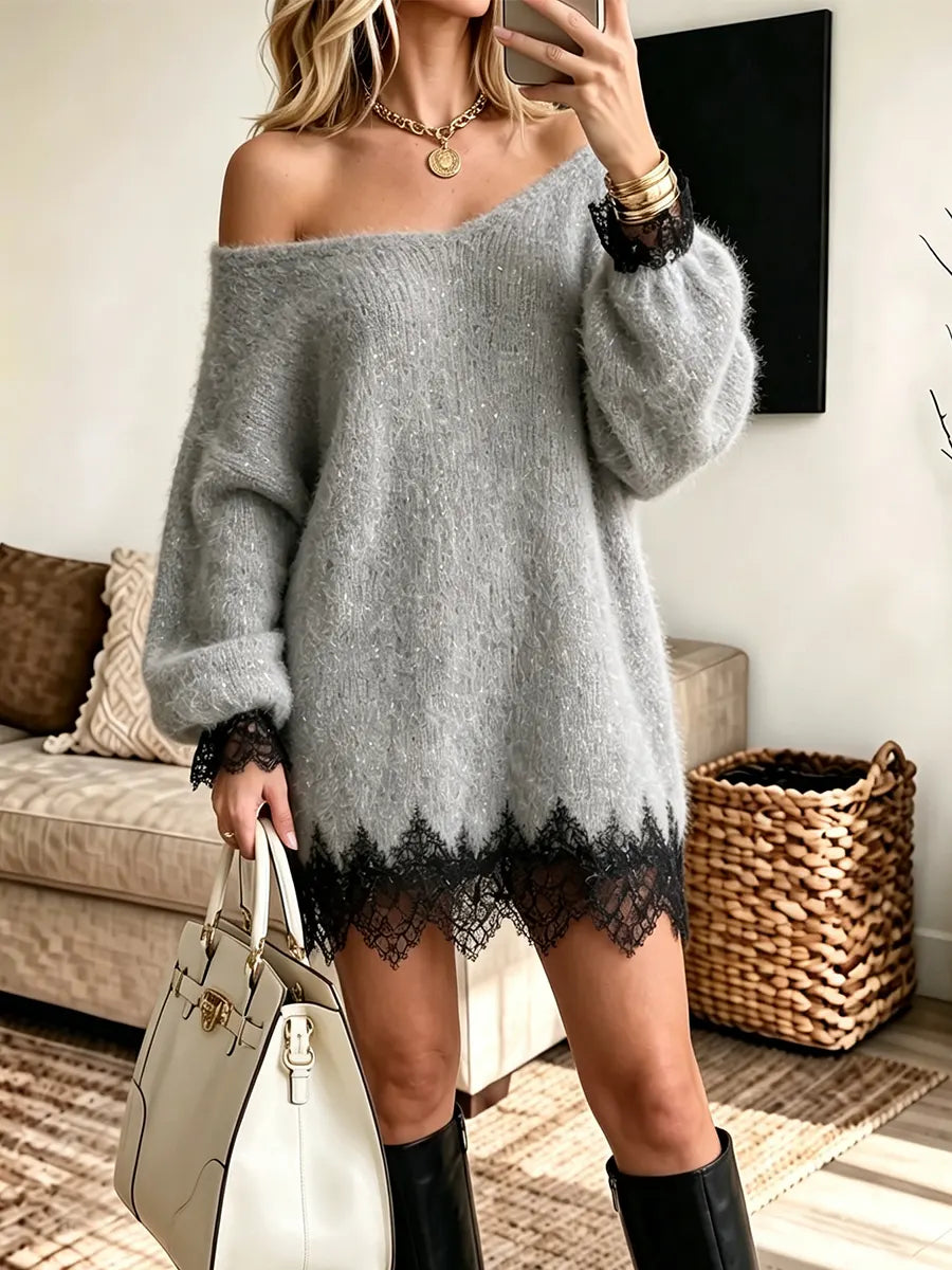 Women's Elegant Shoulder Lace Patchwork Knit Mini Dress