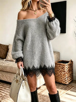 Women's Elegant Shoulder Lace Patchwork Knit Mini Dress