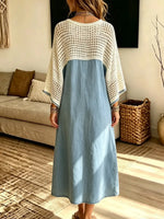 Chic Hollow Stylish Art Casual Round Neck Spliced Denim Midi Dress